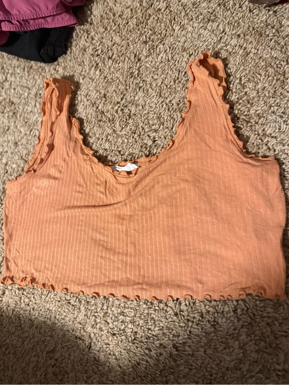 Double Zero Orange Ribbed Lettuce-Edge Bandeau Crop Top